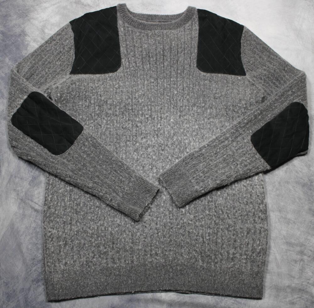 L.L.Bean XL Tall Merino Wool Blend Utility Sweater Gray Quilted Elbow Shoulder P